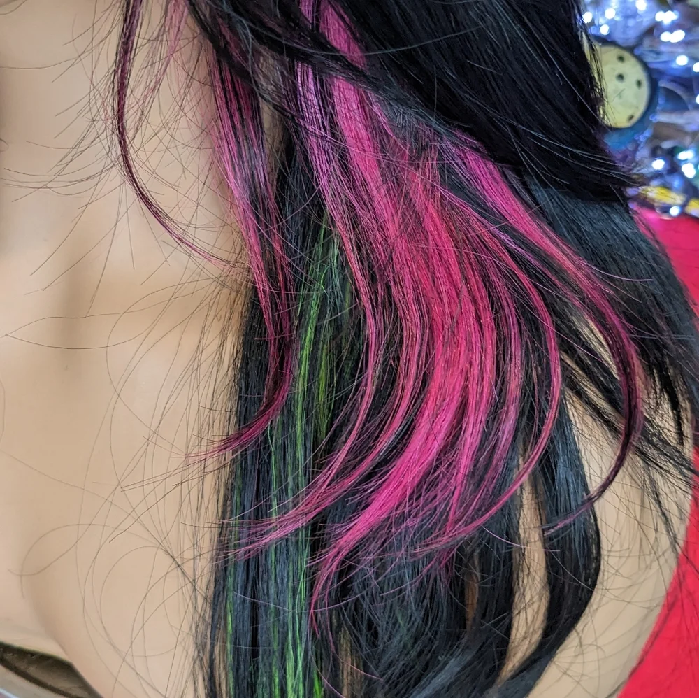 LAST ONE! Black wig with neon pink and green